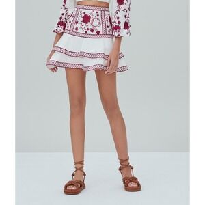 Alexis Cedra Skirt Size M White Linen Embroidered Tiered A Line‎ Flared